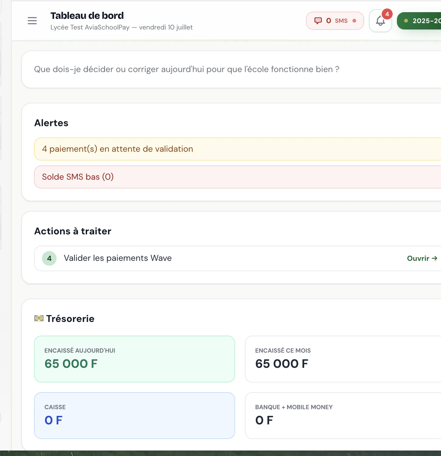 Tableau de bord Fondateur AviaSchoolPay